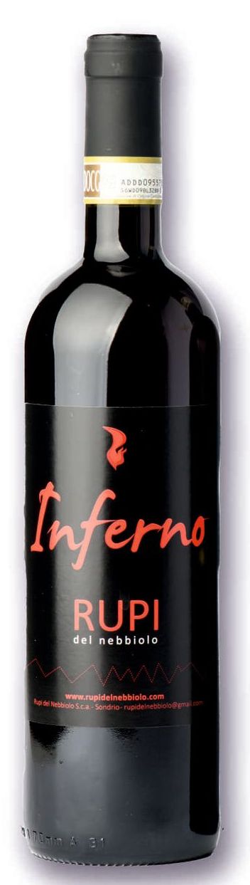 Una bottiglia di vino inferno rupi su uno sfondo bianco