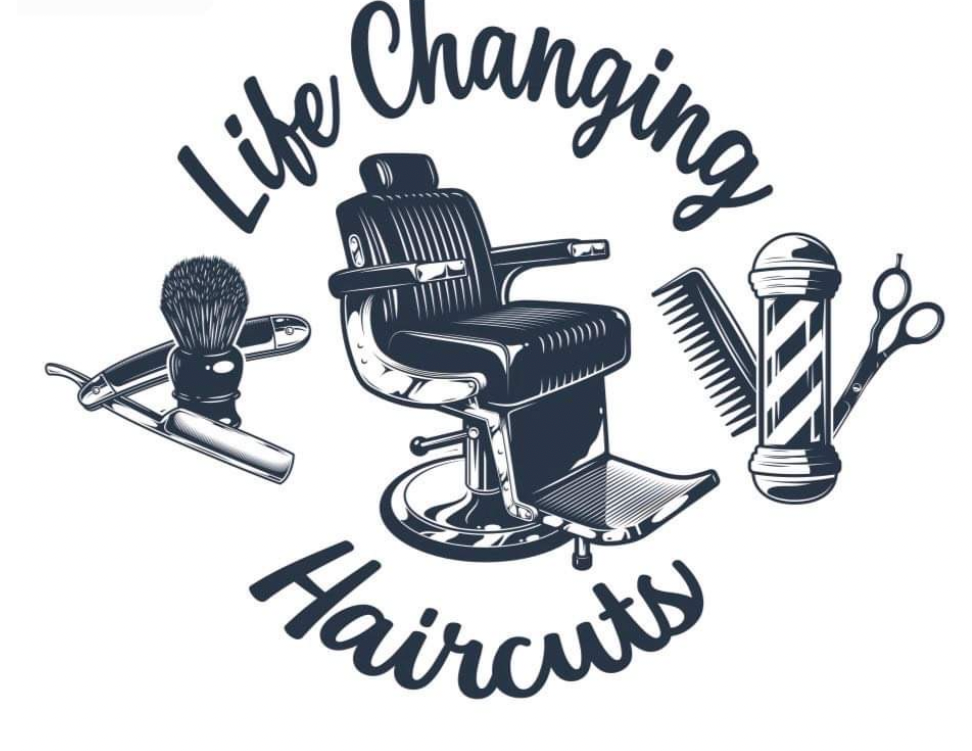 Logo: Barber chair with tools, text 