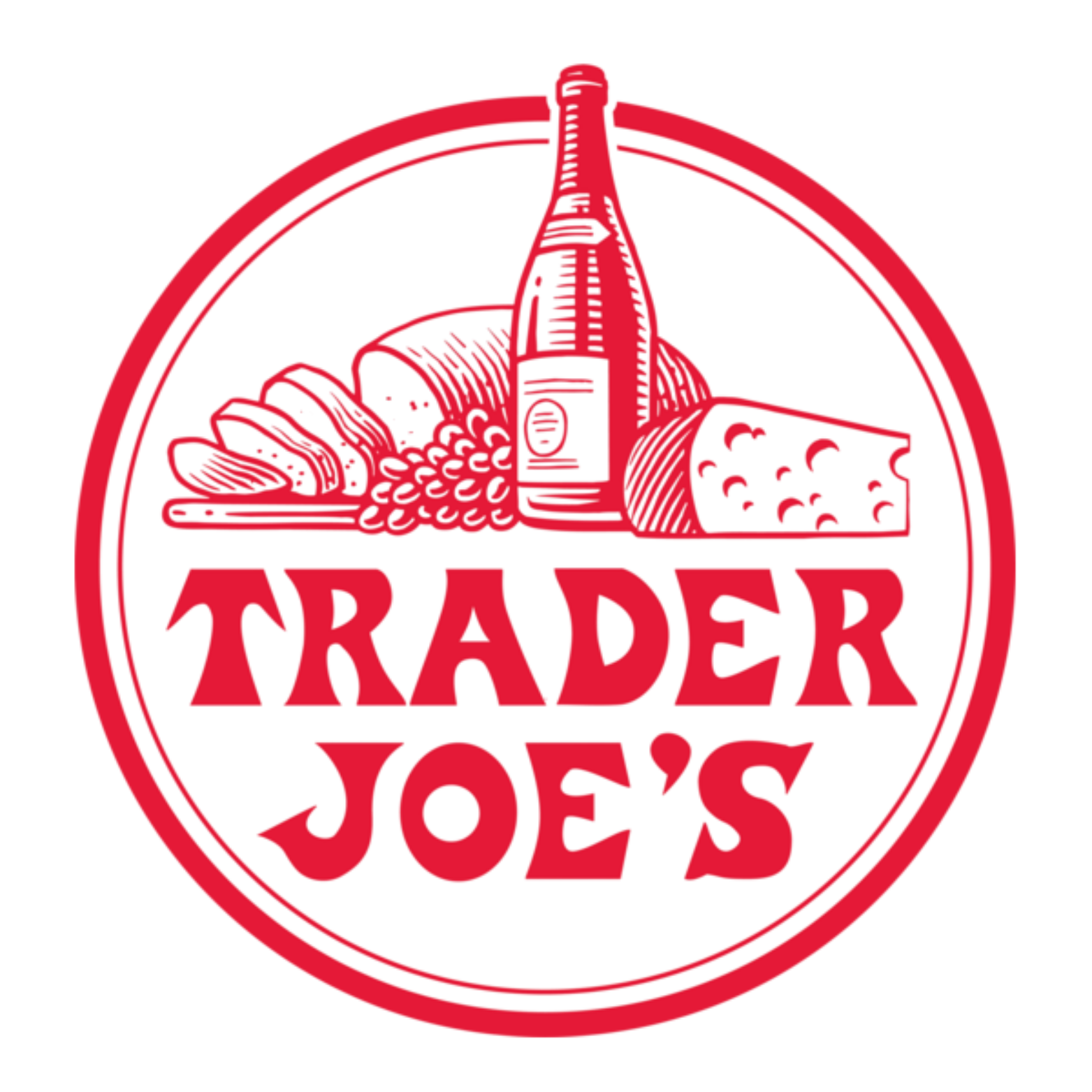 Trader Joe's logo: red circular emblem with a bottle of wine, cheese, grapes, and bread, with 