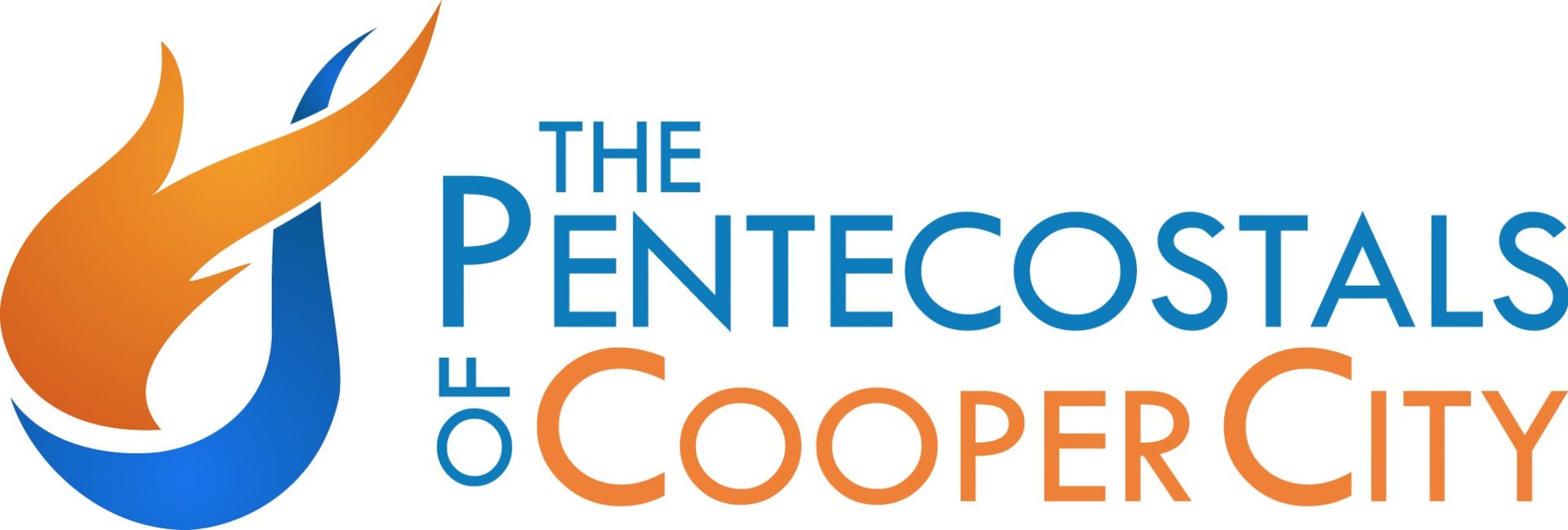 Logo for The Pentecostals of Cooper City church with an orange and blue flame graphic.