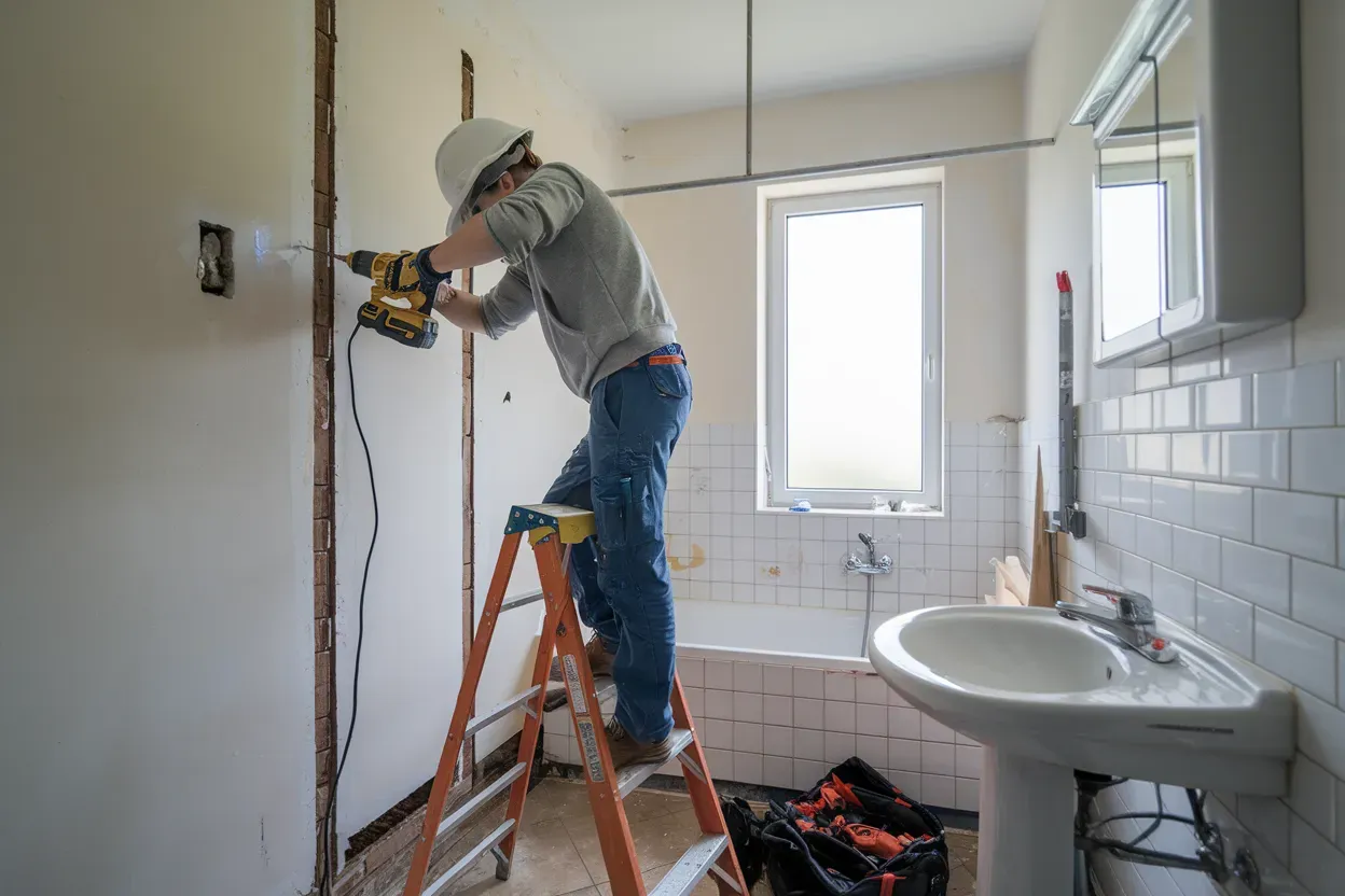 A man is standing on a ladder in a bathroom using a drill.