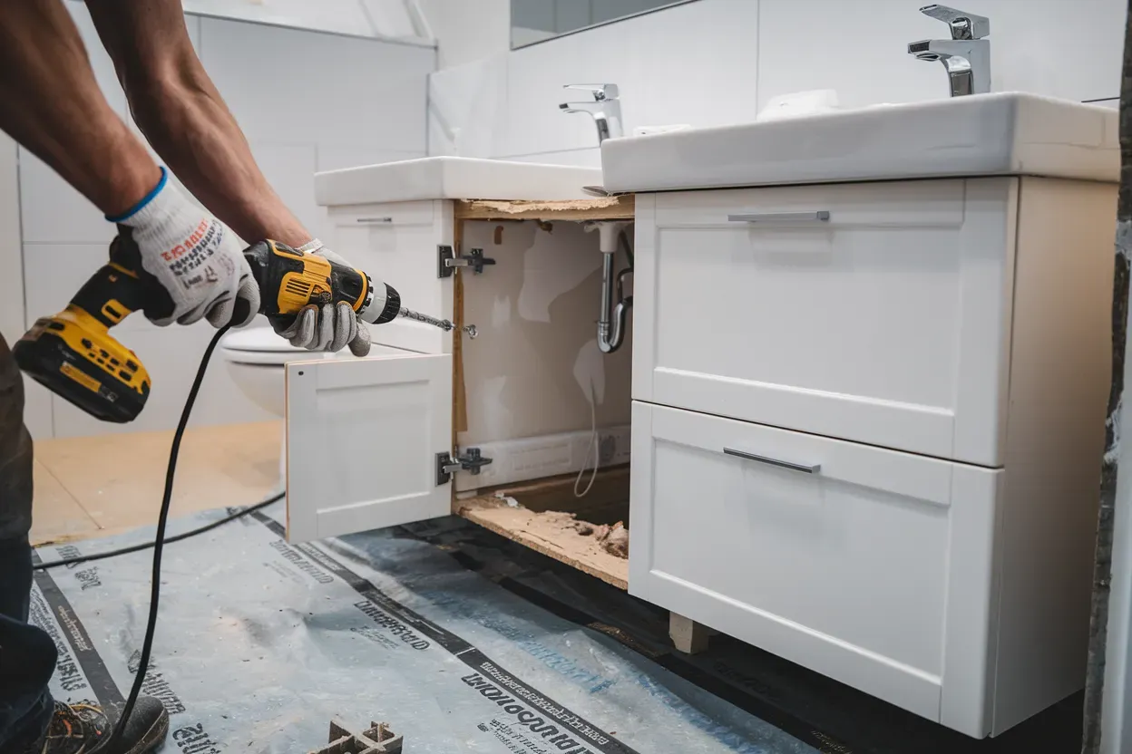 A man is using a drill to install a bathroom vanity.