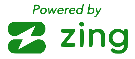 A green logo that says powered by zing on a white background.