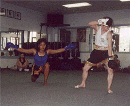 Two people practice martial arts in a gym. One throws a punch, the other lunges and blocks.