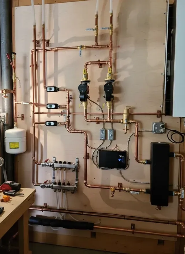 A wall-mounted hydronic heating system featuring copper piping, two circulating pumps, a manifold, and a control panel.