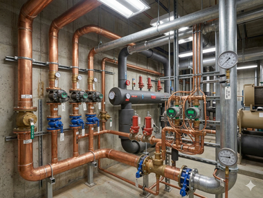Industrial mechanical room with copper pipes, valves, pressure gauges, and a large black insulated cylinder on a wall.