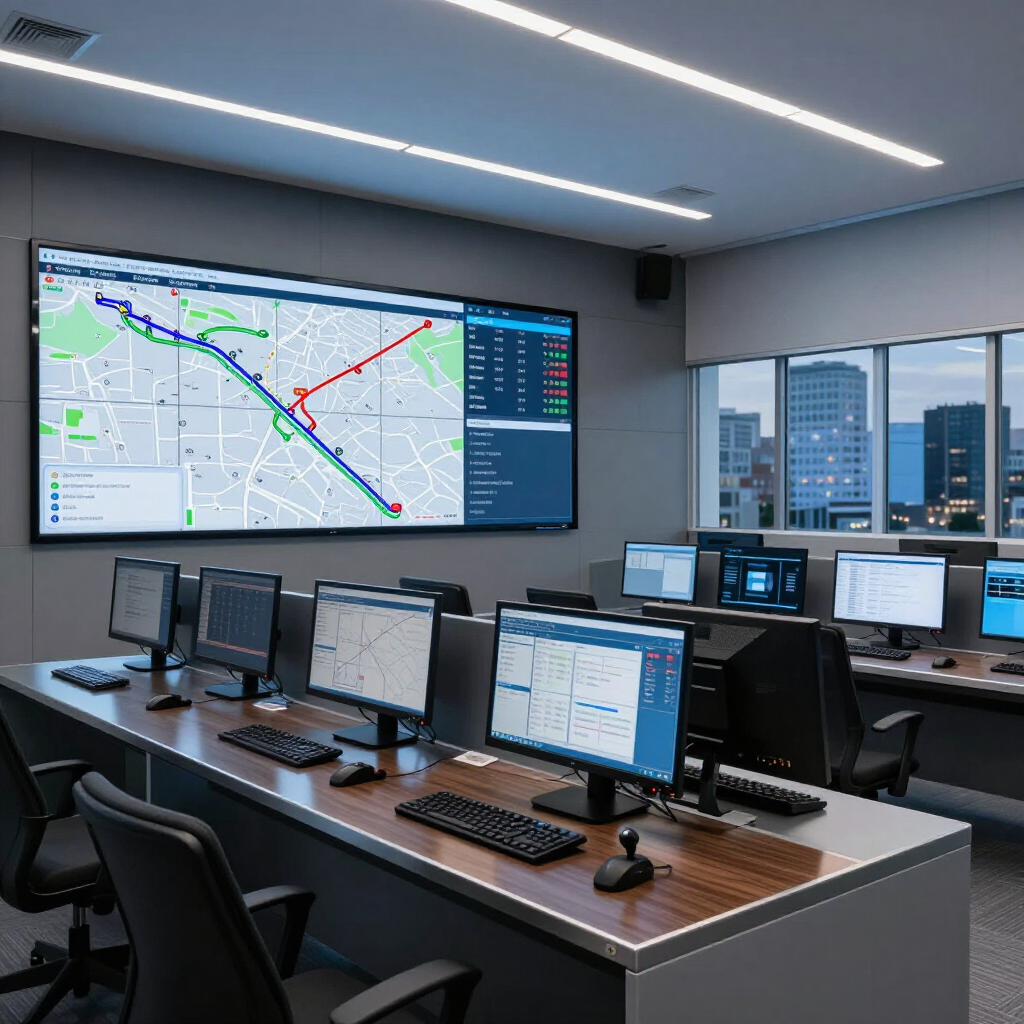Moderne controlekamer met routekaarten op grote monitoren en meerdere computerwerkstations.