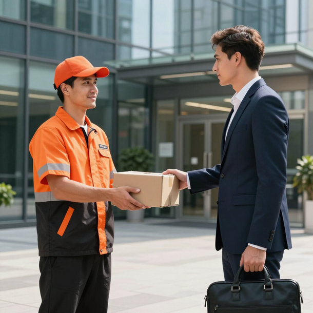 Een bezorger in een oranje uniform overhandigt een pakket aan een man in pak buiten een modern gebouw.