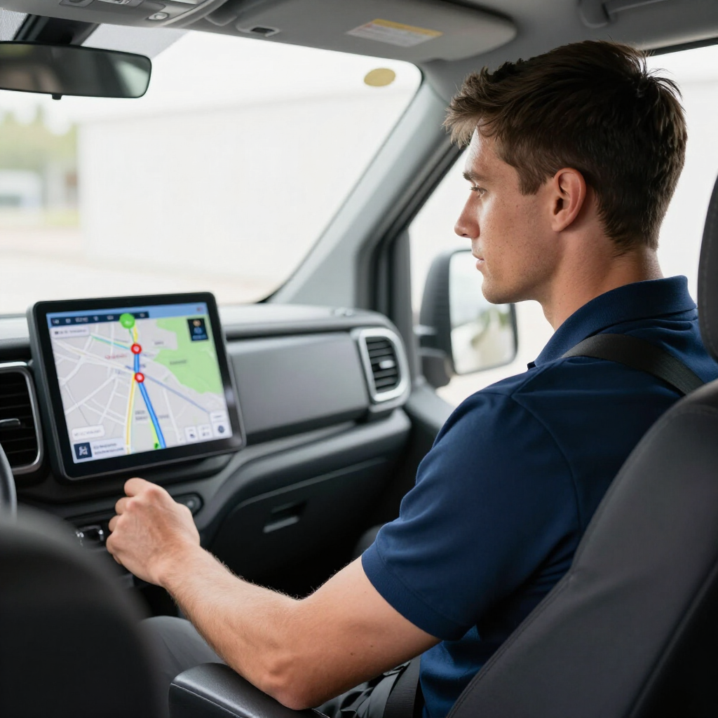 Bestuurder die een GPS-navigatiescherm op het dashboard van een auto gebruikt