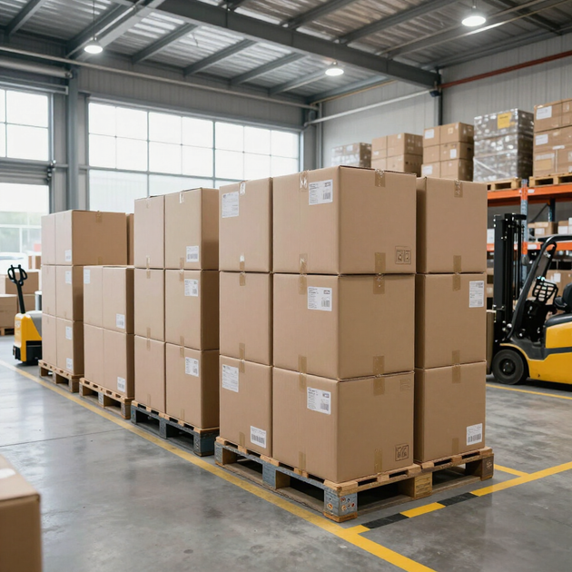 Stapels kartonnen dozen op pallets in een magazijn, met een heftruck in de buurt.