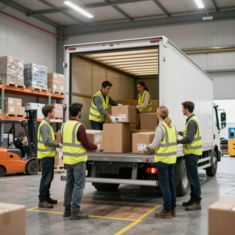 Magazijnmedewerkers laden dozen in een vrachtwagen bij een laadperron