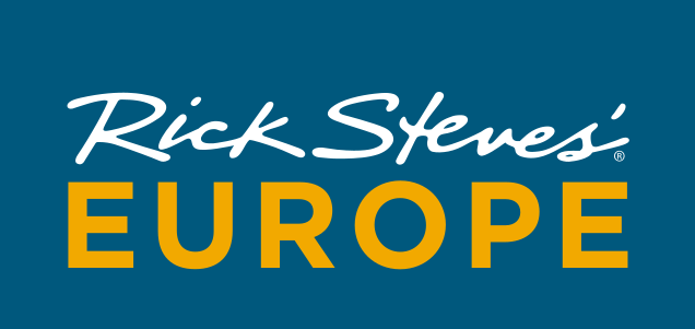 Rick Steves Europe logo in white and yellow on a blue background