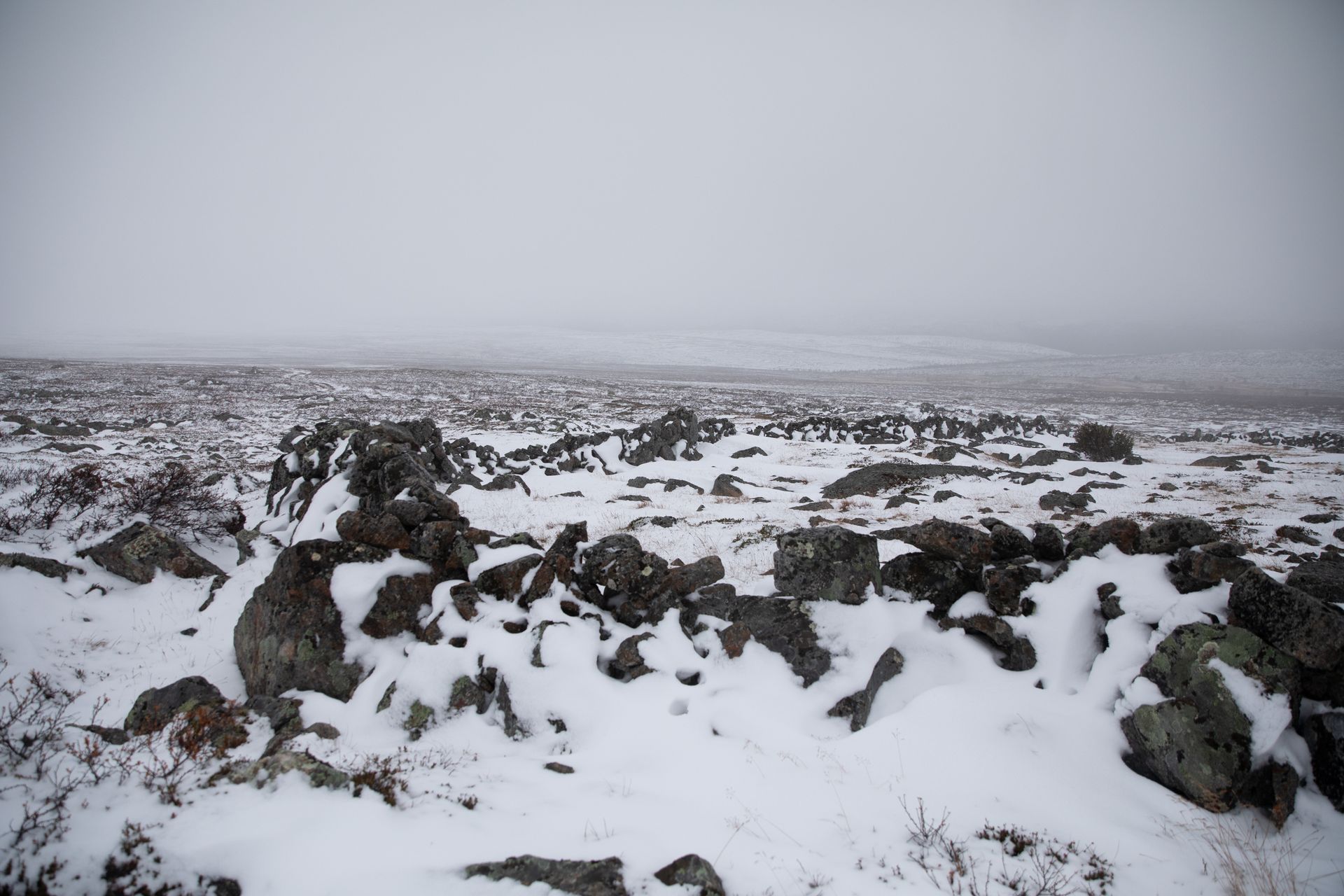 A snowy rocky landscape with a gray sky in the background.