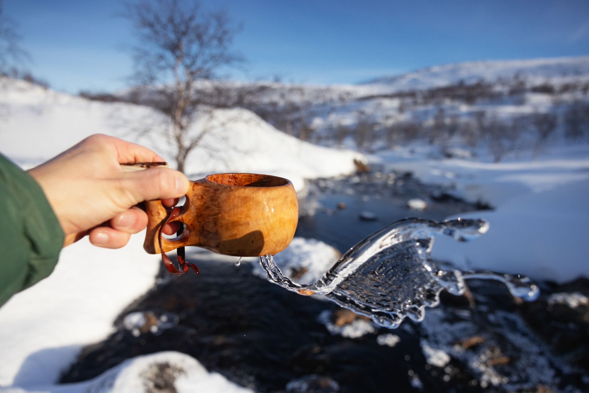 Hand holding a wooden cup, spilling water with a snowy mountain backdrop.