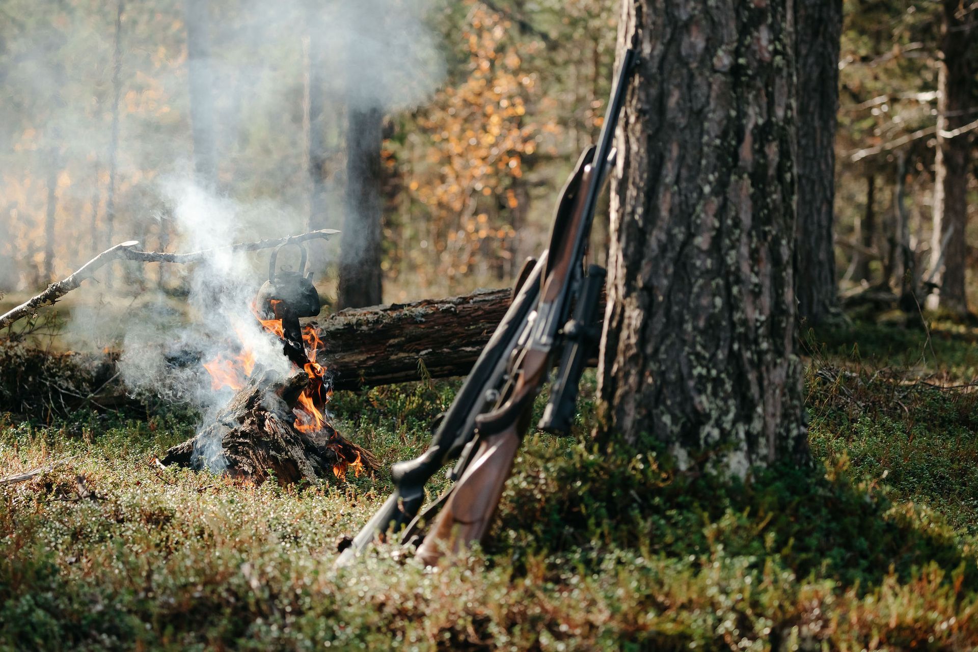 A roaring camp fire and hunting riffles leaning against a tree