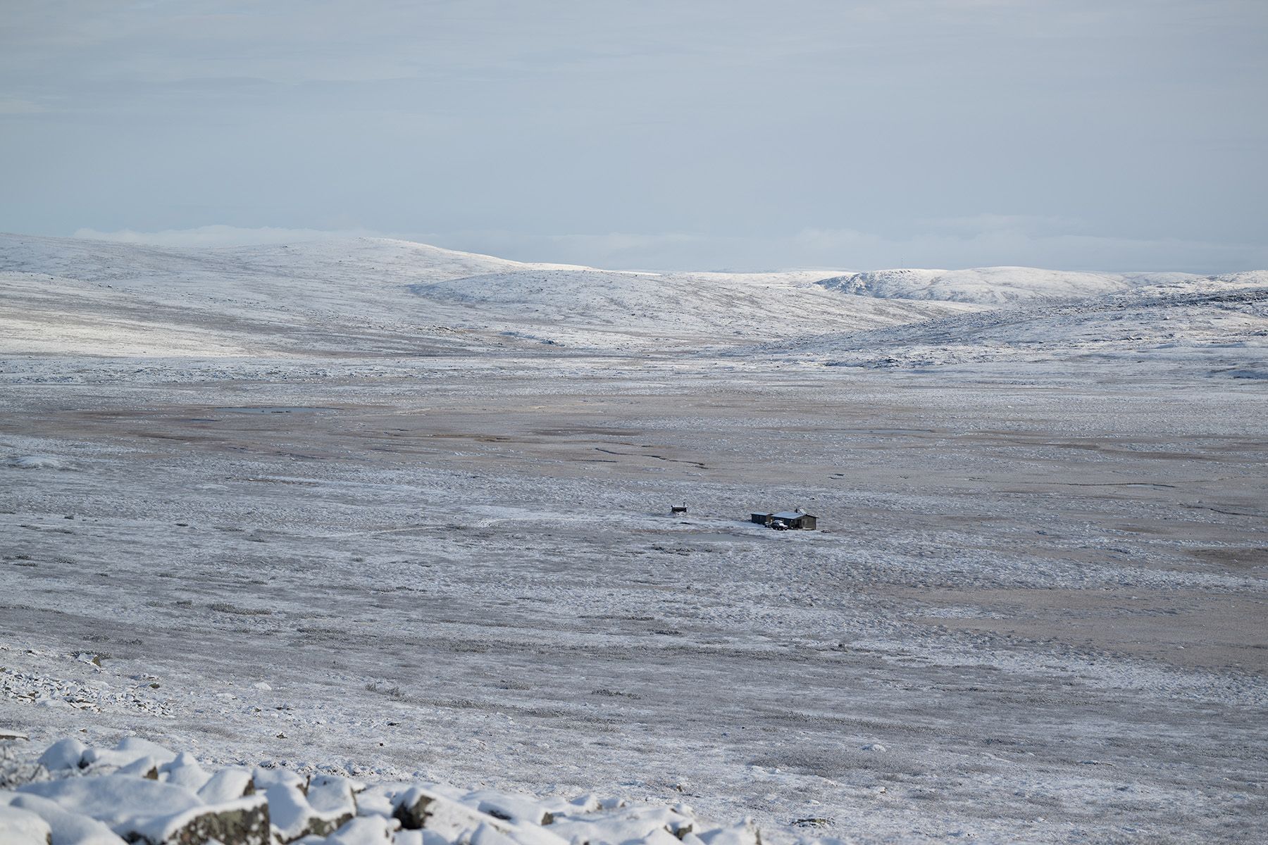 A snowy landscape with mountains in the background