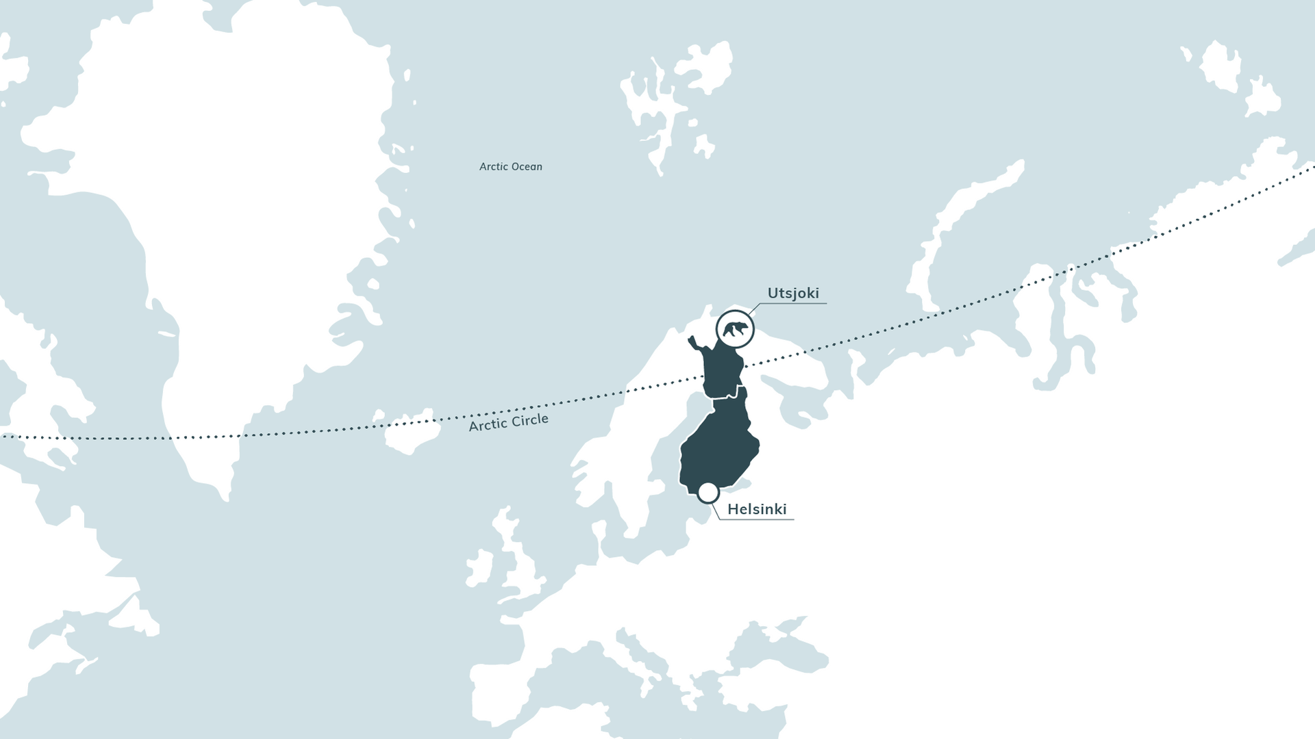 Map of Finland in dark blue, with surrounding landmasses in light blue.  Labels indicate 