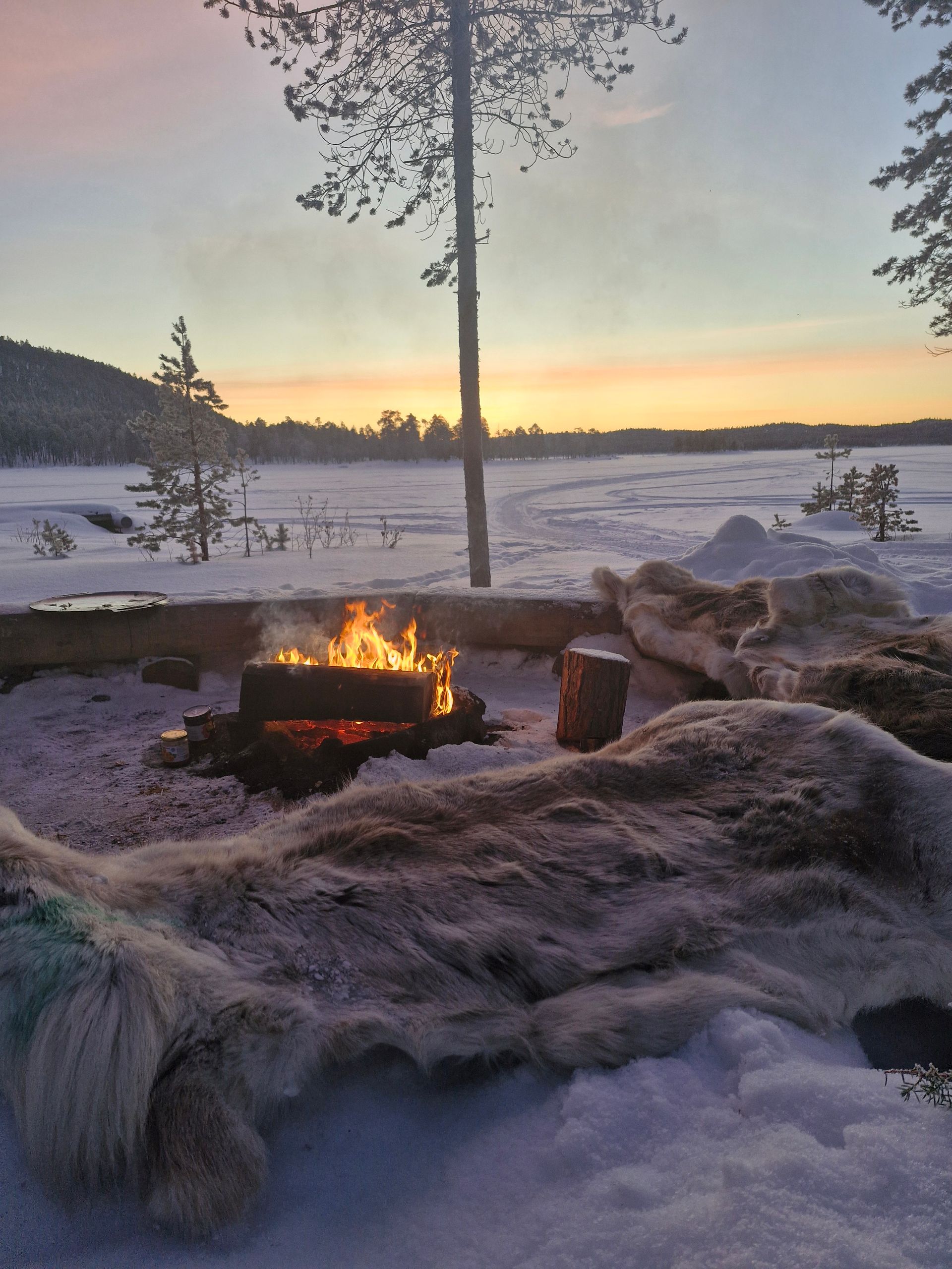 Campfire burning in snowy landscape at sunset, with fur rug and trees.