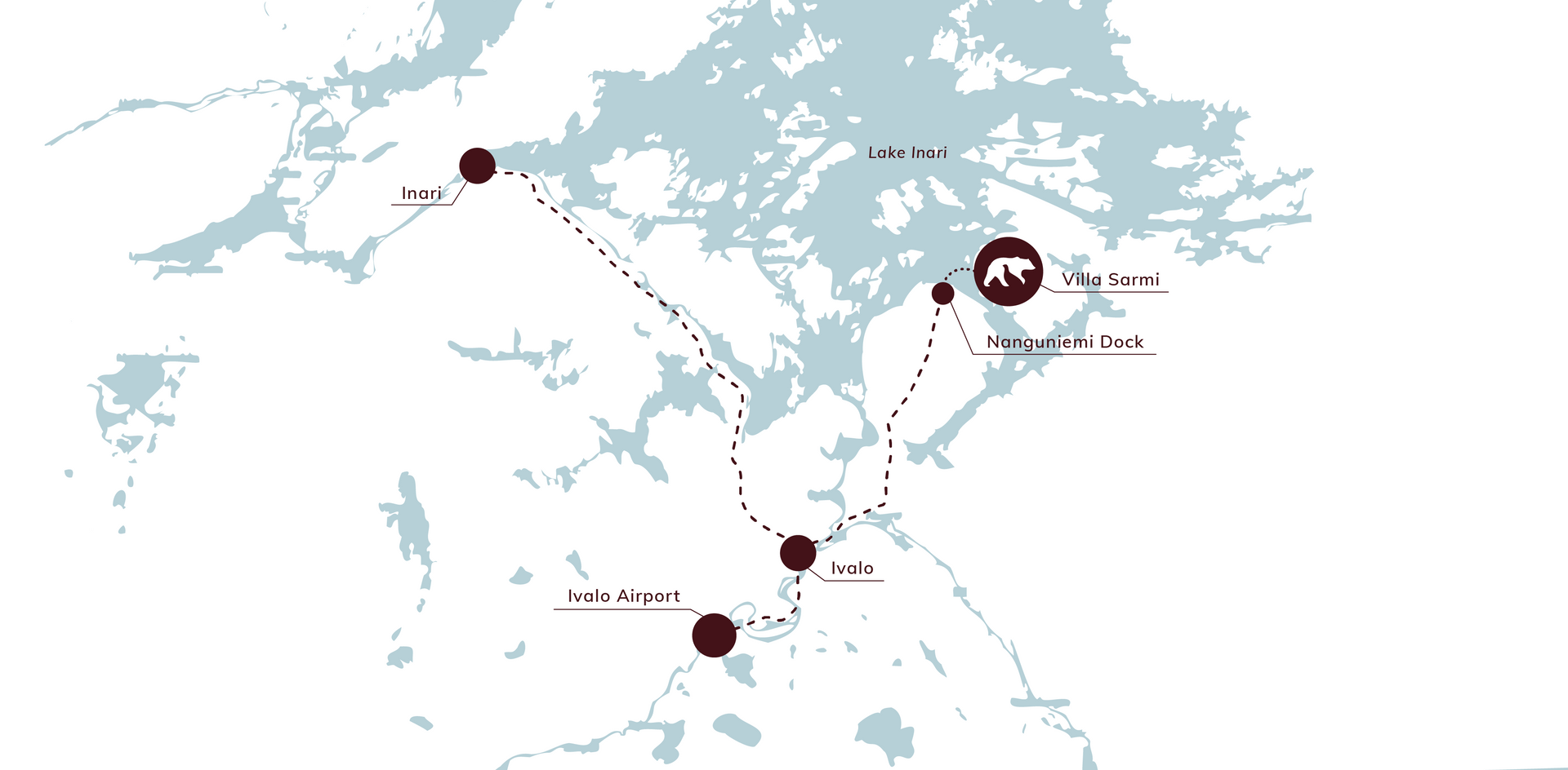 A map of Inari and Ivalo area in Finland portraying distances.