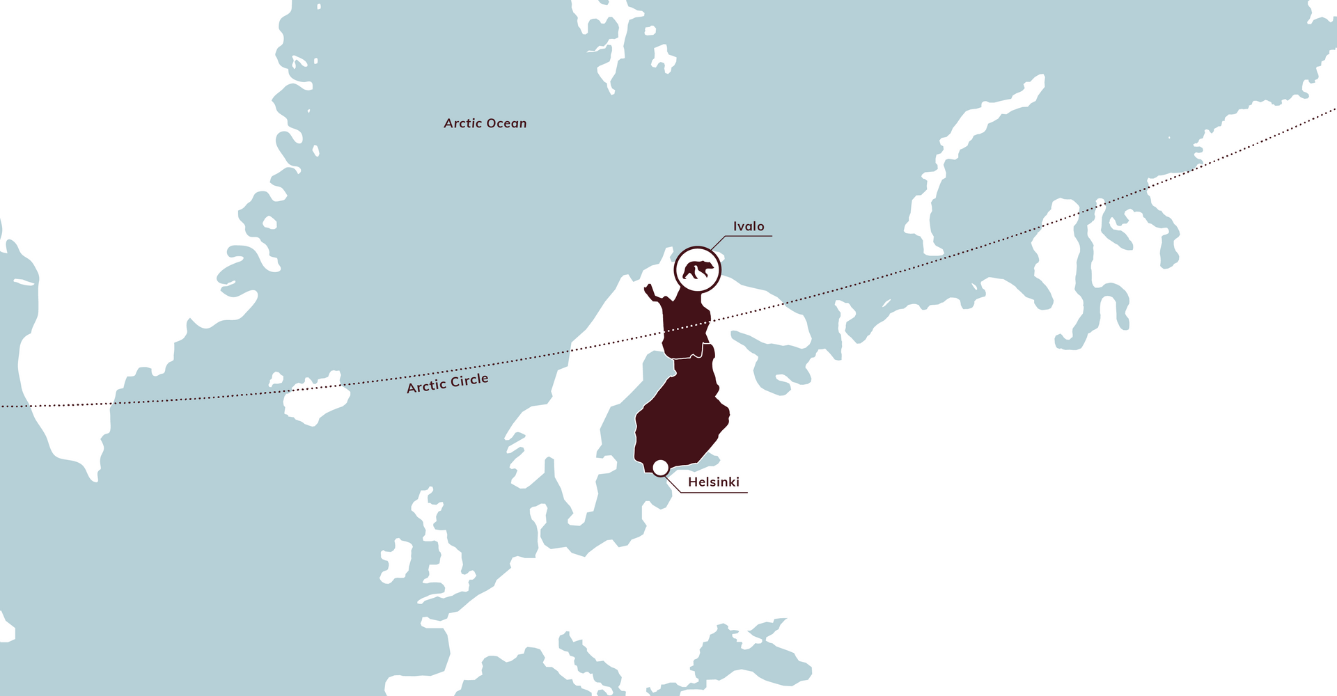 A map of europe with finland highlighted in dark red. 