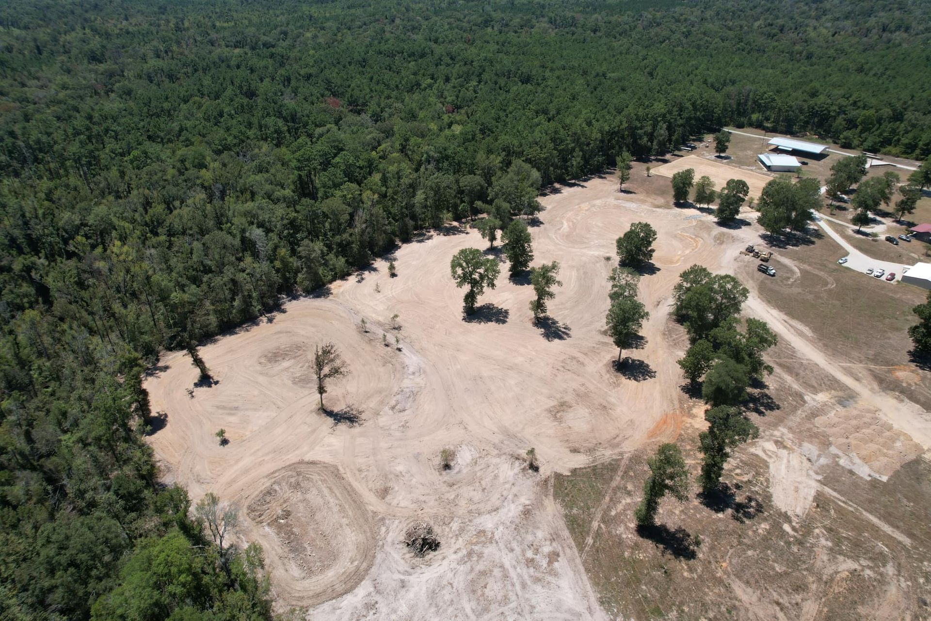 Cleared land with scattered trees, next to a forest and a cluster of buildings under a blue sky.