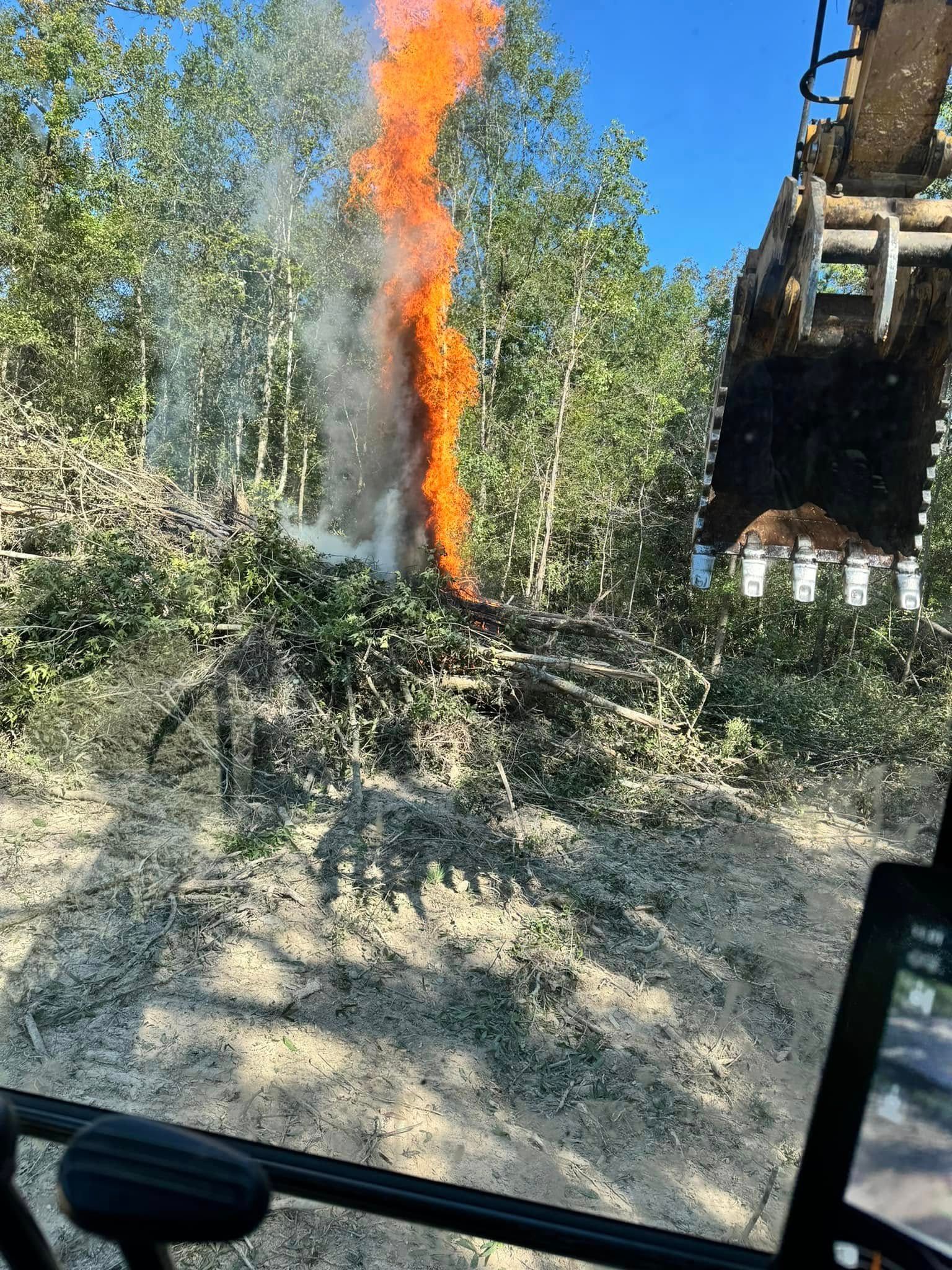 Burning pile of brush in wooded area, flame visible, machinery present.