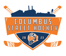 Columbus Street Hockey logo with orange and navy shield, crossed hockey sticks, and city skyline silhouette