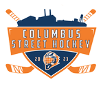 Columbus Street Hockey logo with orange and navy shield, crossed hockey sticks, and city skyline silhouette