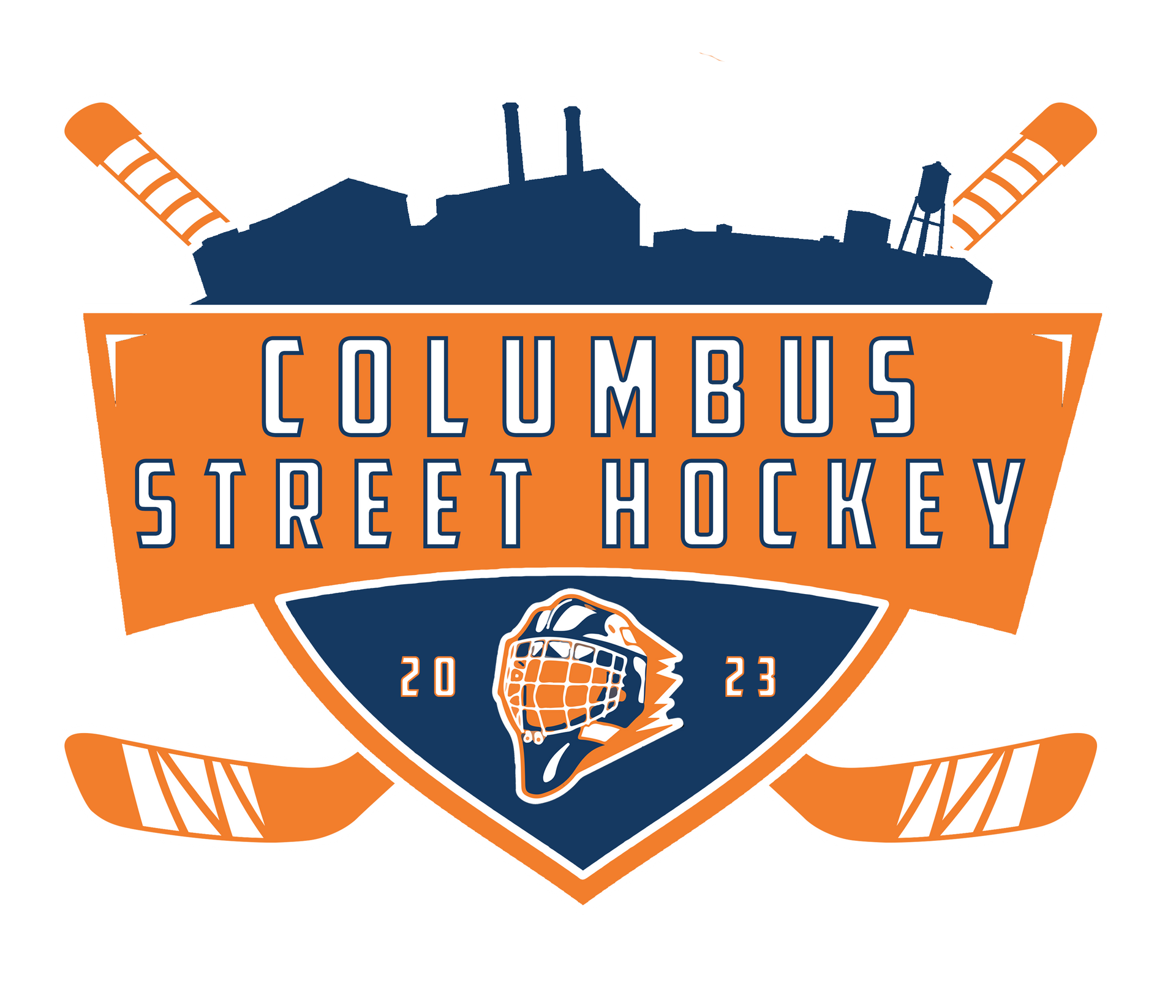 Columbus Street Hockey logo with orange and navy shield, crossed hockey sticks, and city skyline silhouette