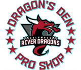 Dragon’s Den River Dragons Pro Shop logo with a red dragon and stars on white background
