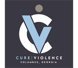 Cure Violence logo with blue and white stylized figure on dark background, labeled “Cure Violence Columbus, Georgia”