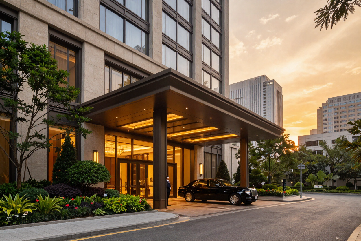 Luxury Buckhead hotel exterior at golden hour