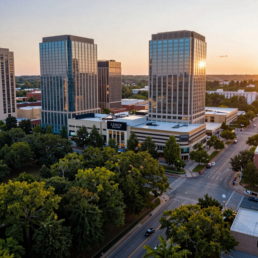 Aerial view of Buckhead's Peachtree Road corridor at golden hour