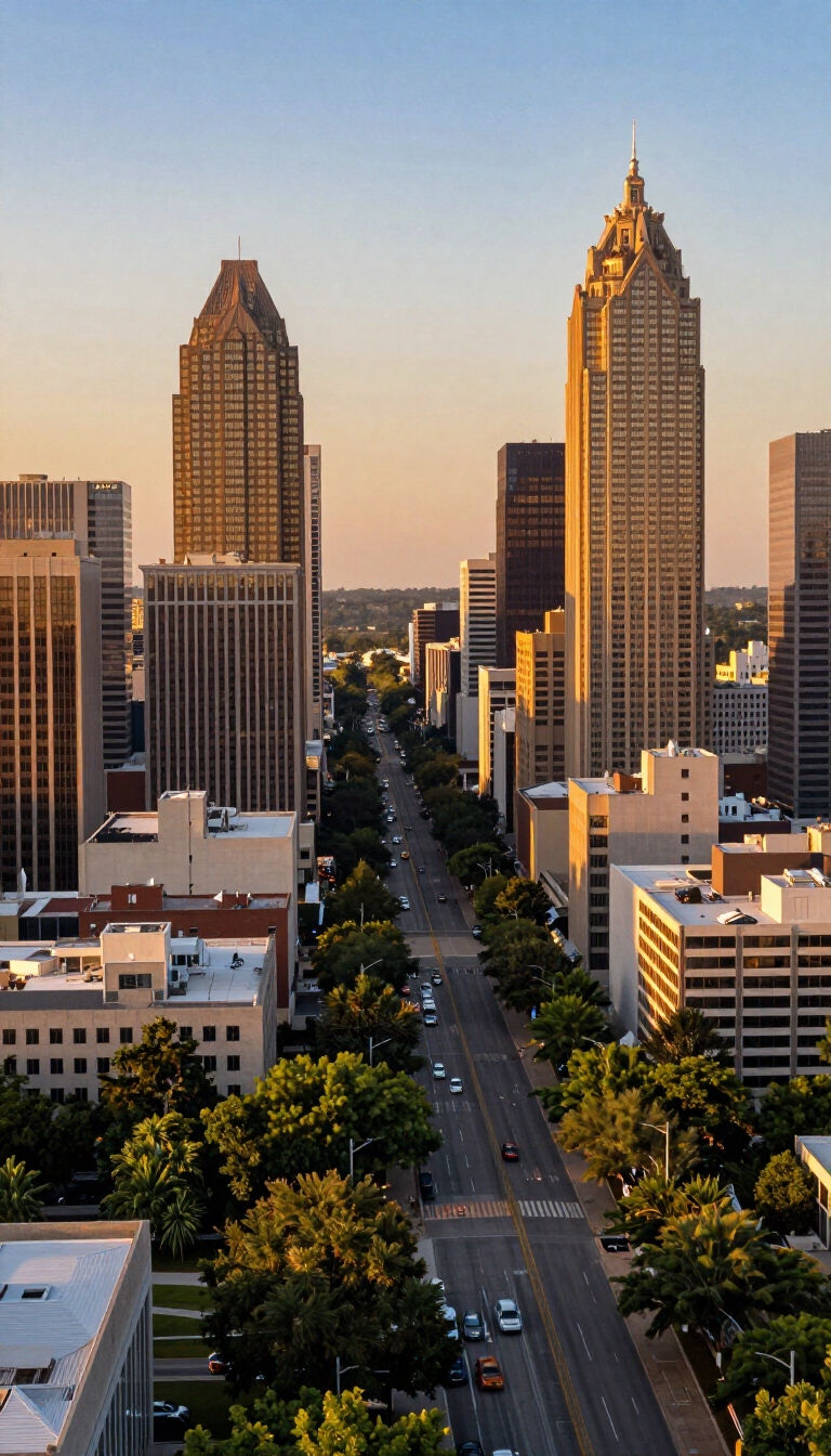 Aerial view of Buckhead Atlanta at golden hour