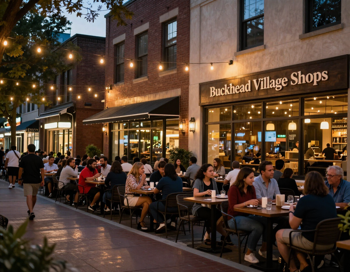 Buckhead Village at dusk with restaurant patios and string lights