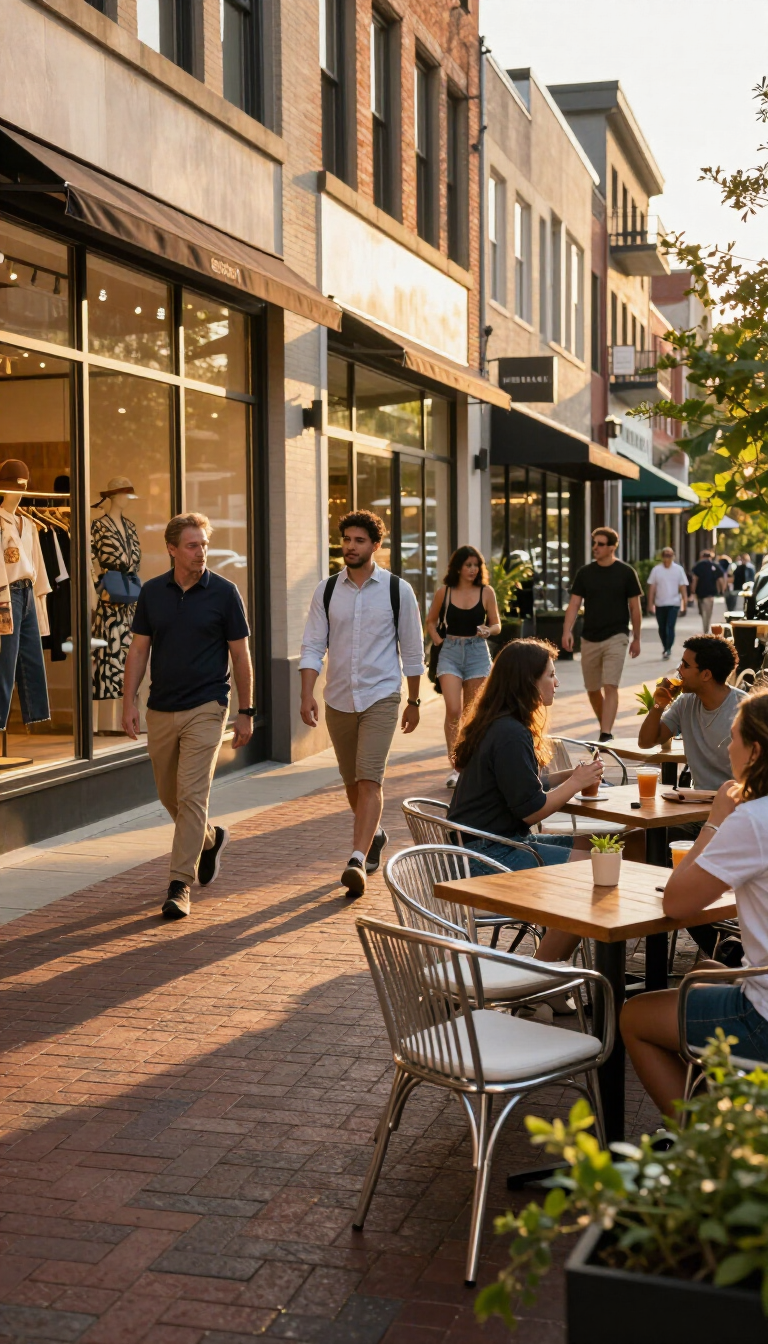 Buckhead Atlanta street life on Peachtree Road at golden hour