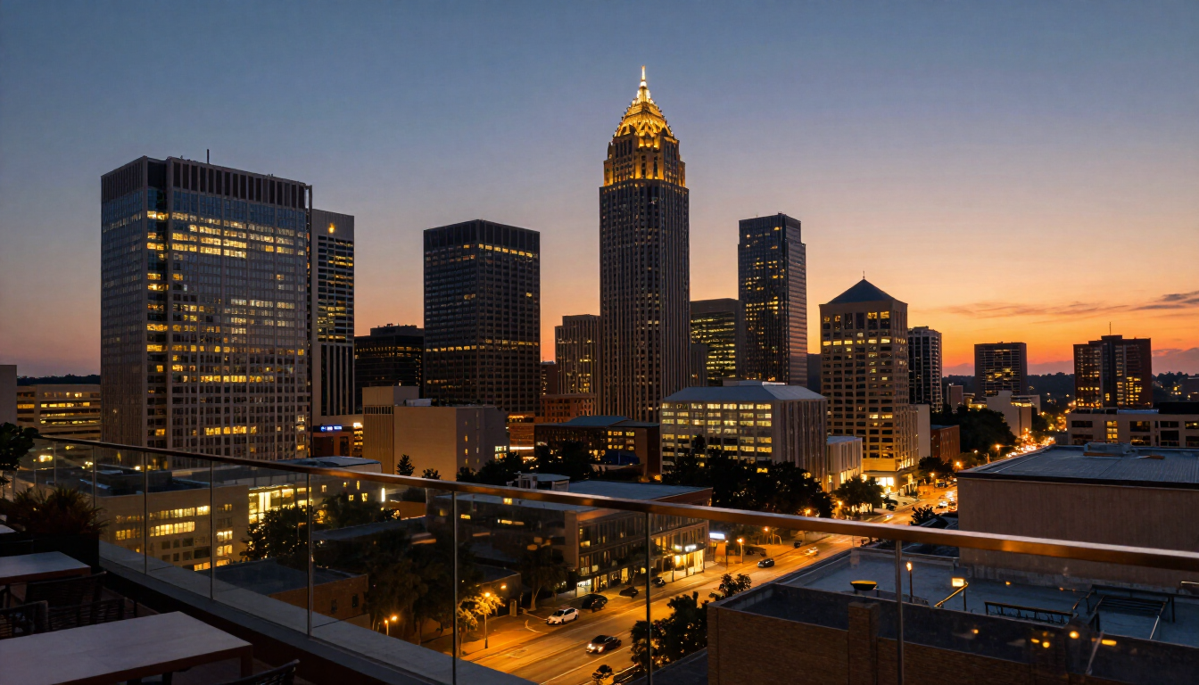 Atlanta skyline at dusk from Buckhead rooftop