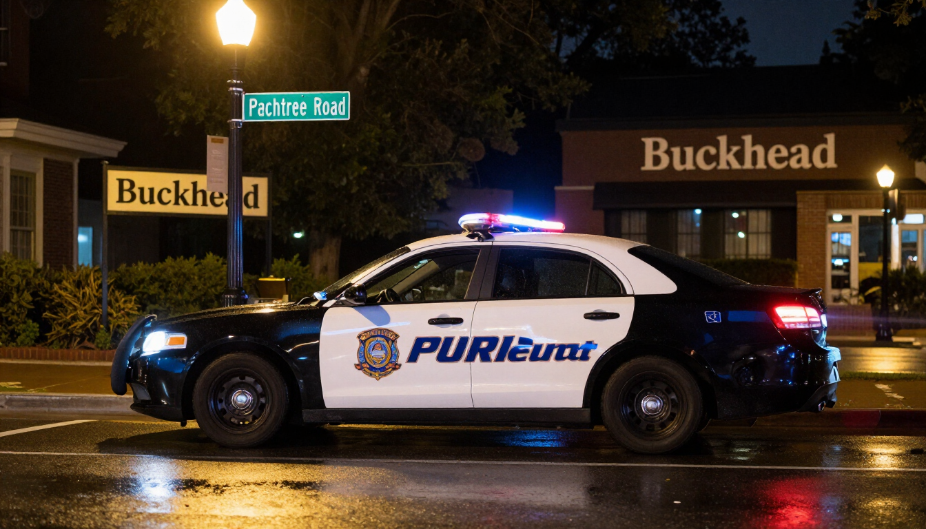 Police cruiser on Peachtree Road at night