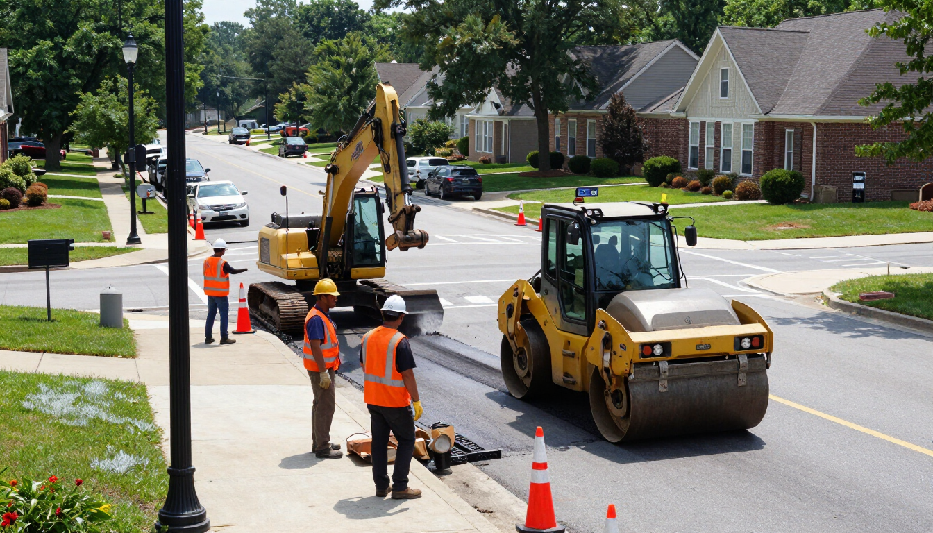 Sandy Springs Road reconstruction with construction equipment