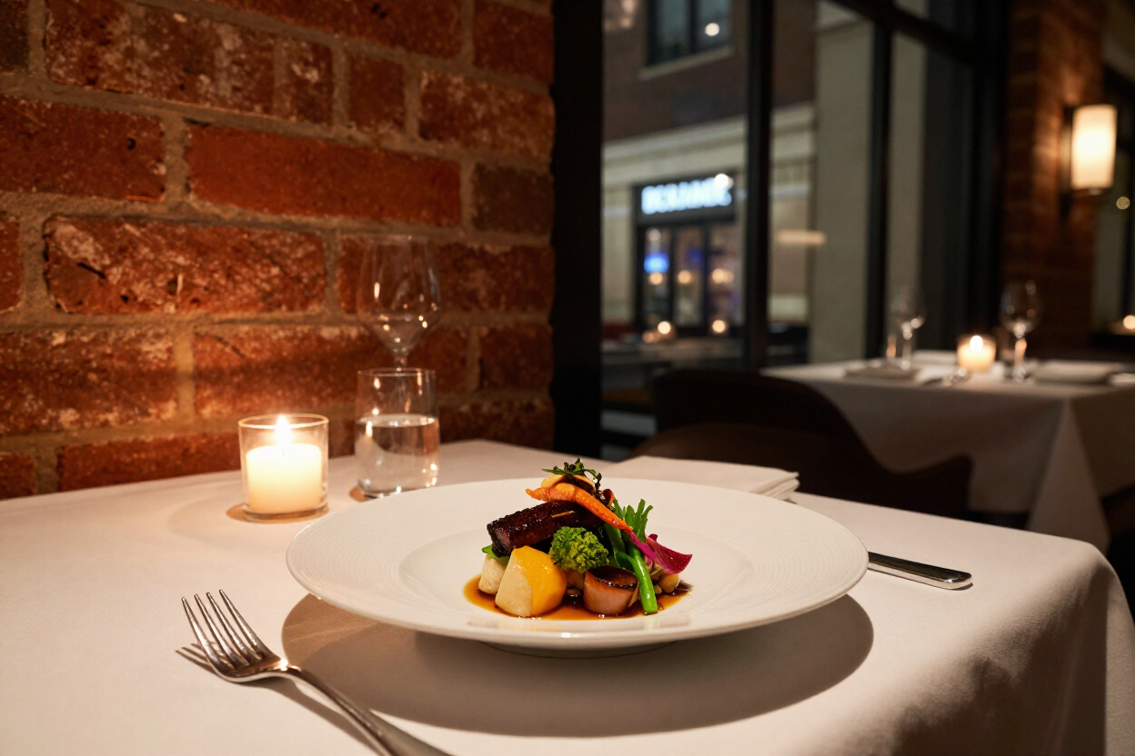 Upscale Buckhead Atlanta restaurant interior with candlelight and white tablecloths