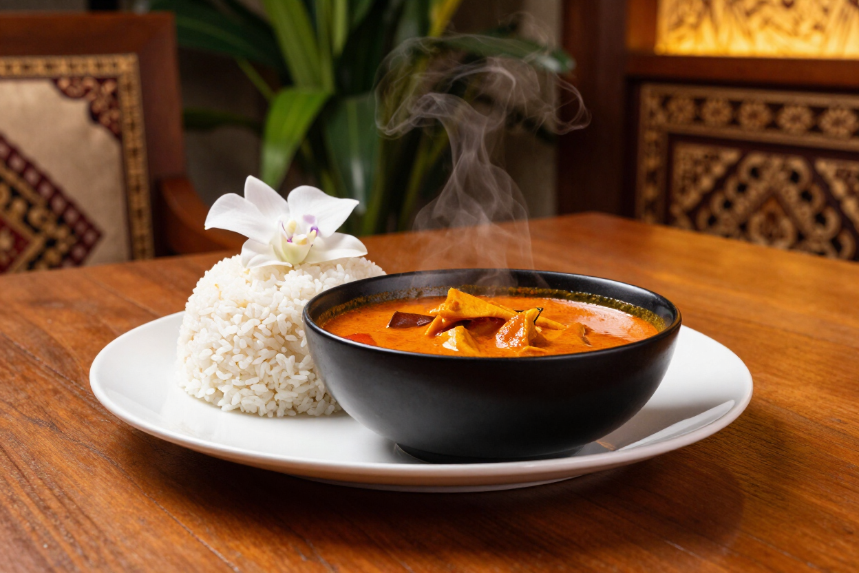 Nan Thai red curry with orchid garnish