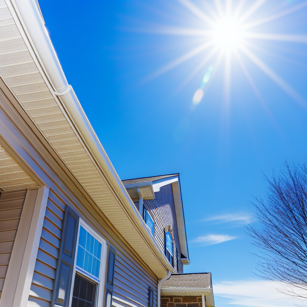 The sun is shining brightly on the roof of a house