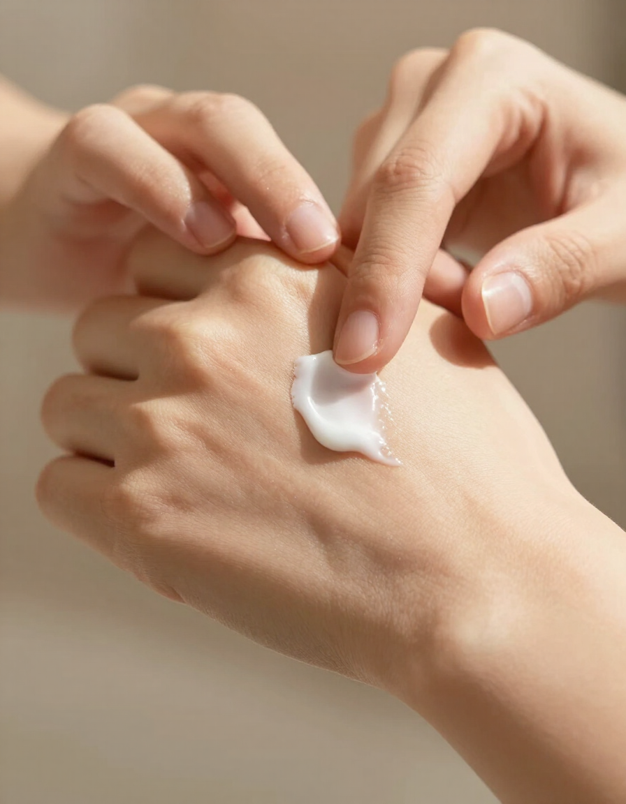 Mani che applicano una crema su un avambraccio in luce calda naturale