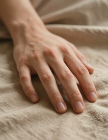 Mano su tessuto naturale, luce calda