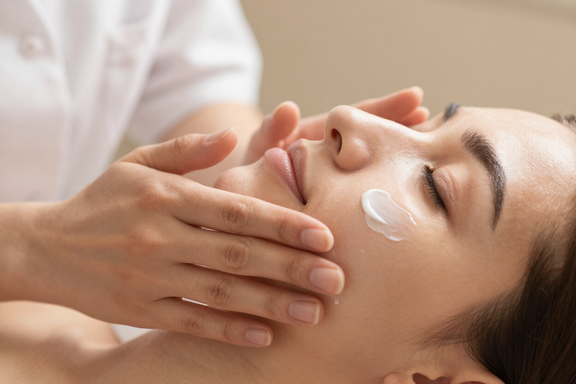 Mani di un'estetista che applicano una crema su un viso
