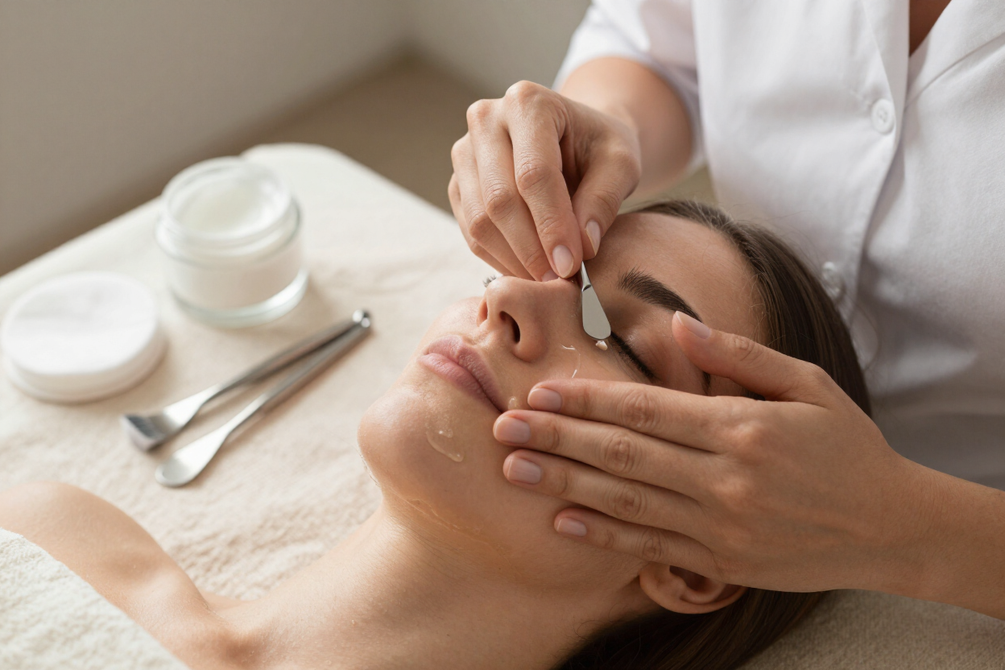 Dettaglio delle mani dell'estetista durante un trattamento viso