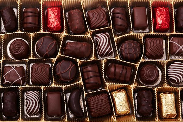 a box filled with lots of different types of chocolates