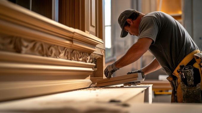 Worker using a nail gun to install ornate trim on a wall in a warmly lit room