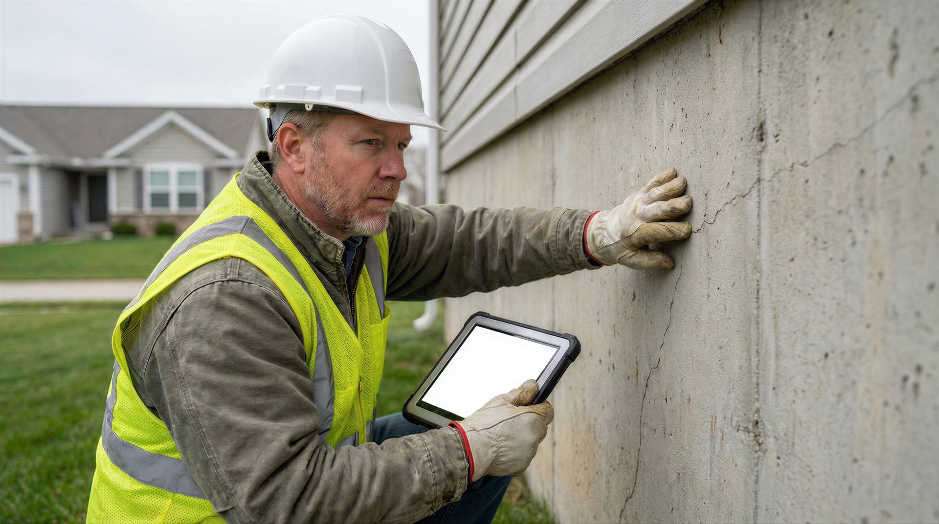 Construction worker in hard hat and reflective vest inspecting a concrete wall with a tablet