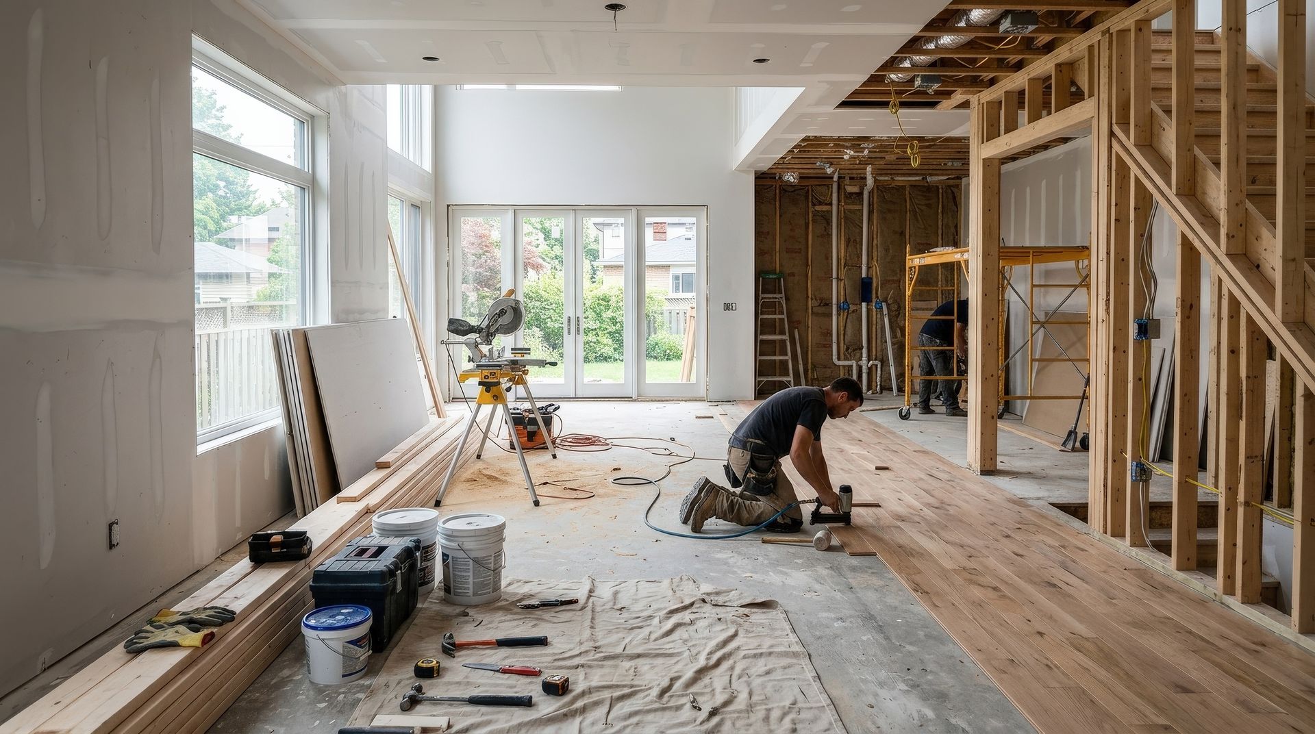 Worker renovating a bright room with exposed framing, tools, and debris on the floor